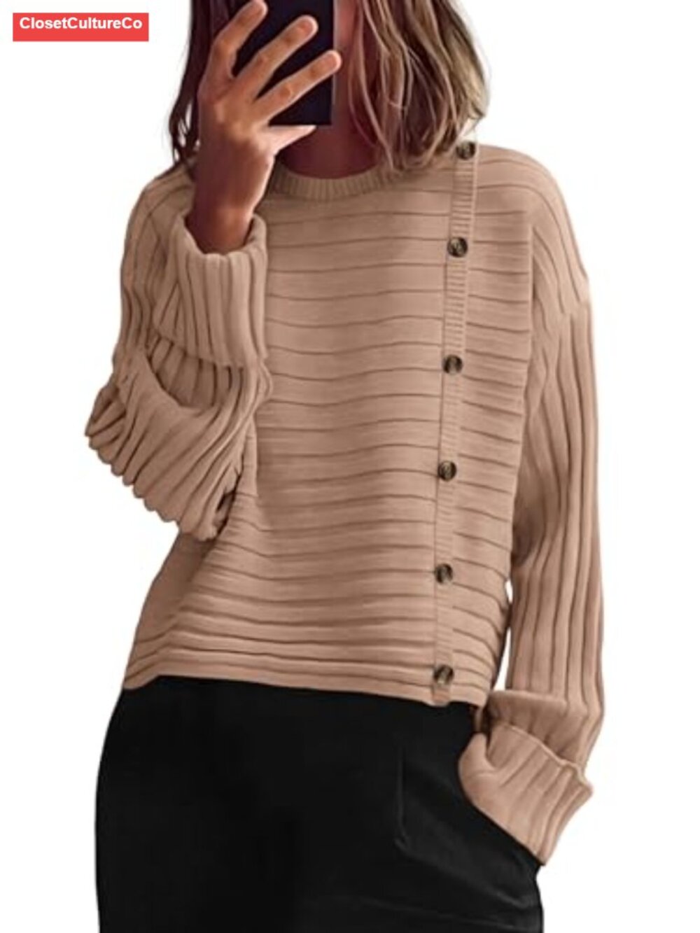 Asymmetric Button Long Sleeve Knit Pullover Sweater Crewneck